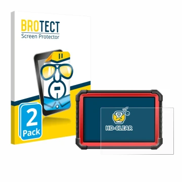 Parte frontal de un envase de producto con el logotipo de la marca BROTECT. Al lado se muestra el dispositivo Launch X-431 PRO