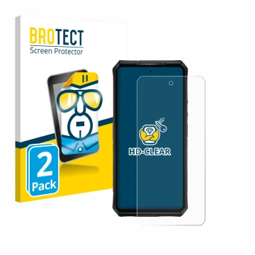 Parte frontal de un envase de producto con el logotipo de la marca BROTECT. Al lado se muestra el dispositivo Ulefone Armor 28