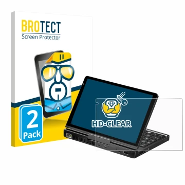 Parte frontal de un envase de producto con el logotipo de la marca BROTECT. Al lado se muestra el dispositivo GPD Pocket 4 con