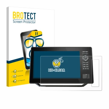 Parte frontal de un envase de producto con el logotipo de la marca BROTECT. Al lado se muestra el dispositivo Humminbird Xplor