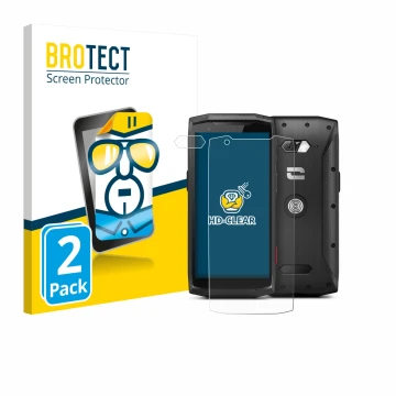 Parte frontal de un envase de producto con el logotipo de la marca BROTECT. Al lado se muestra el dispositivo Crosscall Core-M