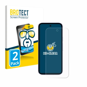 Parte frontal de un envase de producto con el logotipo de la marca BROTECT. Al lado se muestra el dispositivo Google Pixel 9a 