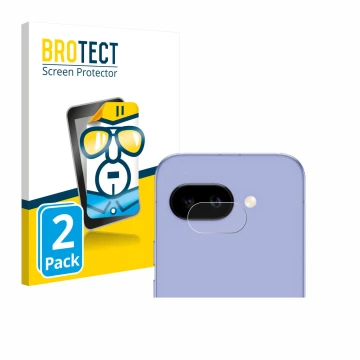 Parte frontal de un envase de producto con el logotipo de la marca BROTECT. Al lado se muestra el dispositivo Google Pixel 9a 