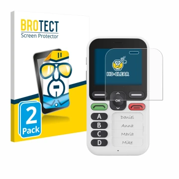 Parte frontal de un envase de producto con el logotipo de la marca BROTECT. Al lado se muestra el dispositivo Doro Leva X10 co