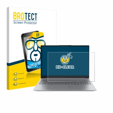 Parte frontal de un envase de producto con el logotipo de la marca BROTECT. Al lado se muestra el dispositivo Lenovo ThinkBook