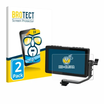 Parte frontal de un envase de producto con el logotipo de la marca BROTECT. Al lado se muestra el dispositivo Feelworld F5 PRO