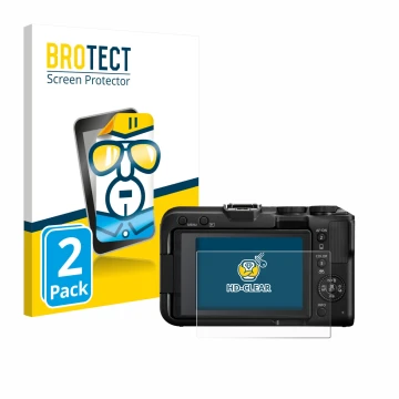 Parte frontal de un envase de producto con el logotipo de la marca BROTECT. Al lado se muestra el dispositivo Canon EOS R50 V 