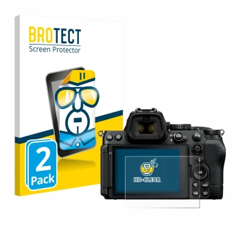 Parte frontal de un envase de producto con el logotipo de la marca BROTECT. Al lado se muestra el dispositivo Nikon Z5 II con 