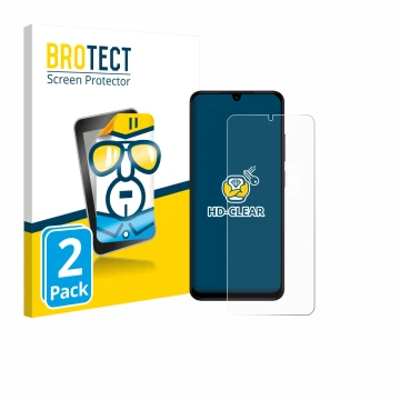 Parte frontal de un envase de producto con el logotipo de la marca BROTECT. Al lado se muestra el dispositivo Xiaomi Redmi A5 