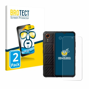 Parte frontal de un envase de producto con el logotipo de la marca BROTECT. Al lado se muestra el dispositivo Samsung Galaxy X
