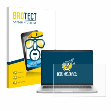 Parte frontal de un envase de producto con el logotipo de la marca BROTECT. Al lado se muestra el dispositivo Dell Pro 14 Plus