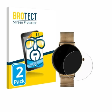 Parte frontal de un envase de producto con el logotipo de la marca BROTECT. Al lado se muestra el dispositivo ZenWatch Venice 