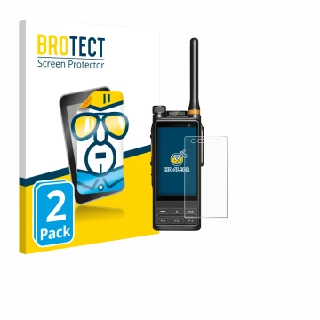 Parte frontal de un envase de producto con el logotipo de la marca BROTECT. Al lado se muestra el dispositivo Hytera PDC680 co