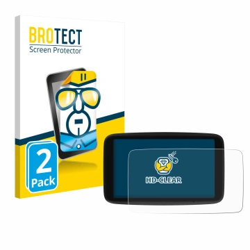 Parte frontal de un envase de producto con el logotipo de la marca BROTECT. Al lado se muestra el dispositivo TomTom Go Naviga