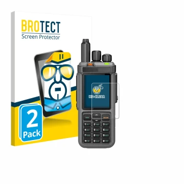 Parte frontal de un envase de producto con el logotipo de la marca BROTECT. Al lado se muestra el dispositivo Radtel RT-880 co