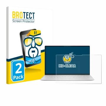 Parte frontal de un envase de producto con el logotipo de la marca BROTECT. Al lado se muestra el dispositivo Dell XPS 13 9350