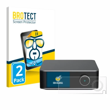 Parte frontal de un envase de producto con el logotipo de la marca BROTECT. Al lado se muestra el dispositivo WiiM Ultra con s