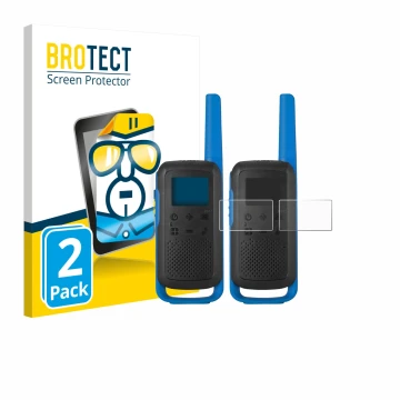 Parte frontal de un envase de producto con el logotipo de la marca BROTECT. Al lado se muestra el dispositivo Motorola TALKABO