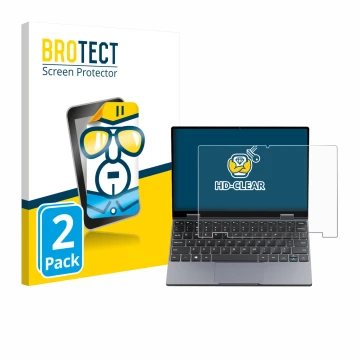 Parte frontal de un envase de producto con el logotipo de la marca BROTECT. Al lado se muestra el dispositivo Chuwi MiniBook X