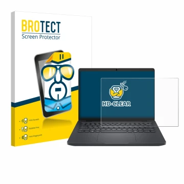 Parte frontal de un envase de producto con el logotipo de la marca BROTECT. Al lado se muestra el dispositivo Dell Pro Max 14 