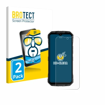 Parte frontal de un envase de producto con el logotipo de la marca BROTECT. Al lado se muestra el dispositivo Doogee V Max S c