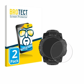 Parte frontal de un envase de producto con el logotipo de la marca BROTECT. Al lado se muestra el dispositivo Garmin Instinct 