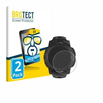 Parte frontal de un envase de producto con el logotipo de la marca BROTECT. Al lado se muestra el dispositivo Garmin Instinct 