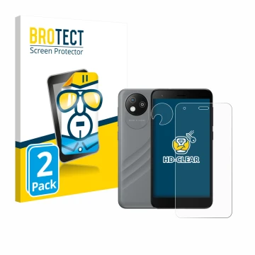 Parte frontal de un envase de producto con el logotipo de la marca BROTECT. Al lado se muestra el dispositivo ZTE Blade A35 li