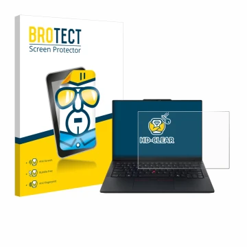 Parte frontal de un envase de producto con el logotipo de la marca BROTECT. Al lado se muestra el dispositivo Lenovo ThinkPad 