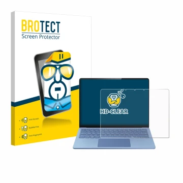 Parte frontal de un envase de producto con el logotipo de la marca BROTECT. Al lado se muestra el dispositivo Microsoft Surfac