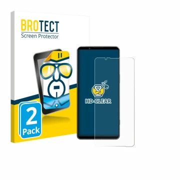 Parte frontal de un envase de producto con el logotipo de la marca BROTECT. Al lado se muestra el dispositivo Sony Xperia 1 VI