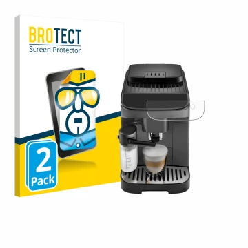 Parte frontal de un envase de producto con el logotipo de la marca BROTECT. Al lado se muestra el dispositivo DeLonghi Magnifi