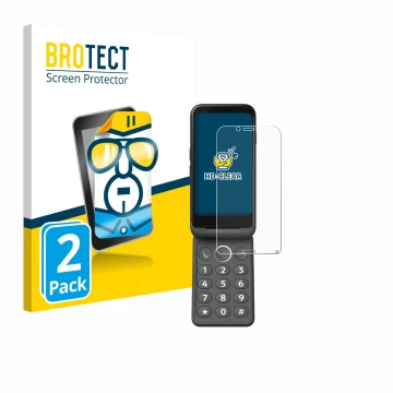 Parte frontal de un envase de producto con el logotipo de la marca BROTECT. Al lado se muestra el dispositivo Doro Aurora A20 