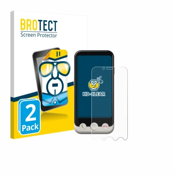 Parte frontal de un envase de producto con el logotipo de la marca BROTECT. Al lado se muestra el dispositivo Doro Aurora A10 