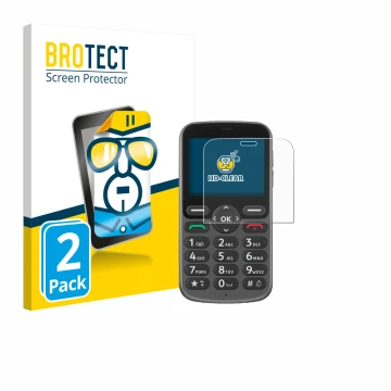 Parte frontal de un envase de producto con el logotipo de la marca BROTECT. Al lado se muestra el dispositivo Doro 1380 con su