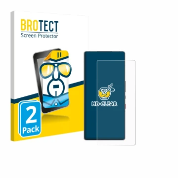 Parte frontal de un envase de producto con el logotipo de la marca BROTECT. Al lado se muestra el dispositivo ZTE Nubia Red Ma