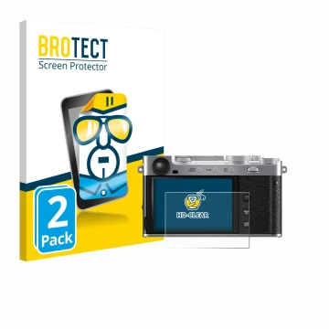 Parte frontal de un envase de producto con el logotipo de la marca BROTECT. Al lado se muestra el dispositivo Fujifilm X-E5 co