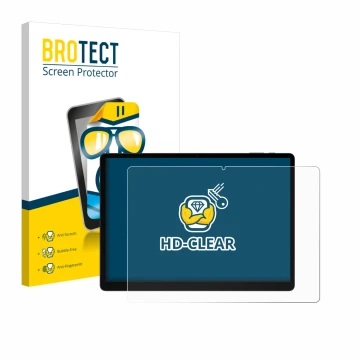 Parte frontal de un envase de producto con el logotipo de la marca BROTECT. Al lado se muestra el dispositivo Doogee Tab E3 Ma