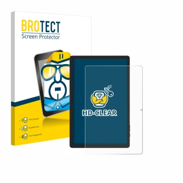 Parte frontal de un envase de producto con el logotipo de la marca BROTECT. Al lado se muestra el dispositivo Doogee Tab E3 Pr