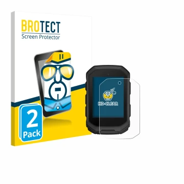 Parte frontal de un envase de producto con el logotipo de la marca BROTECT. Al lado se muestra el dispositivo Garmin Edge MTB 