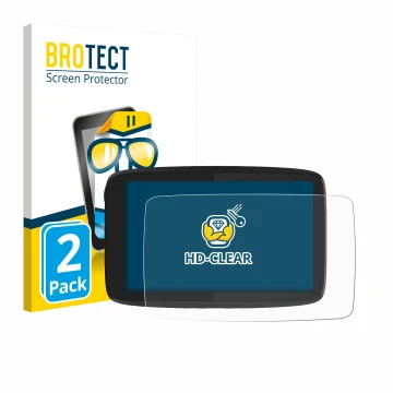 Parte frontal de un envase de producto con el logotipo de la marca BROTECT. Al lado se muestra el dispositivo TomTom GO Camper