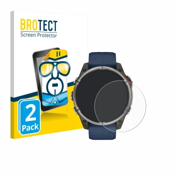 Parte frontal de un envase de producto con el logotipo de la marca BROTECT. Al lado se muestra el dispositivo Garmin quatix 8 
