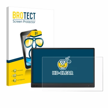 Parte frontal de un envase de producto con el logotipo de la marca BROTECT. Al lado se muestra el dispositivo ASUS ZenScreen M