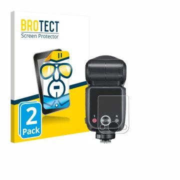 Parte frontal de un envase de producto con el logotipo de la marca BROTECT. Al lado se muestra el dispositivo Godox V100 con s