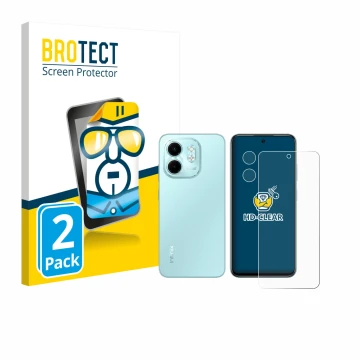 Parte frontal de un envase de producto con el logotipo de la marca BROTECT. Al lado se muestra el dispositivo Infinix Smart 9 