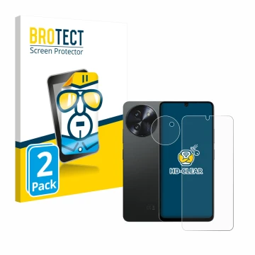 Parte frontal de un envase de producto con el logotipo de la marca BROTECT. Al lado se muestra el dispositivo Doogee Note 59 P
