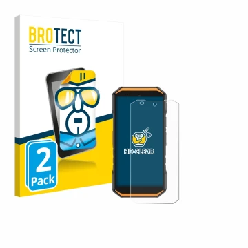 Parte frontal de un envase de producto con el logotipo de la marca BROTECT. Al lado se muestra el dispositivo Ulefone Armor X3