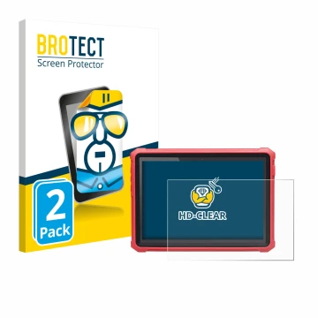 Parte frontal de un envase de producto con el logotipo de la marca BROTECT. Al lado se muestra el dispositivo Launch X-431 Pro