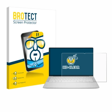 Parte frontal de un envase de producto con el logotipo de la marca BROTECT. Al lado se muestra el dispositivo Dell 14 Premium 