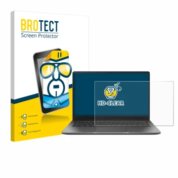 Parte frontal de un envase de producto con el logotipo de la marca BROTECT. Al lado se muestra el dispositivo ASUS Chromebook 